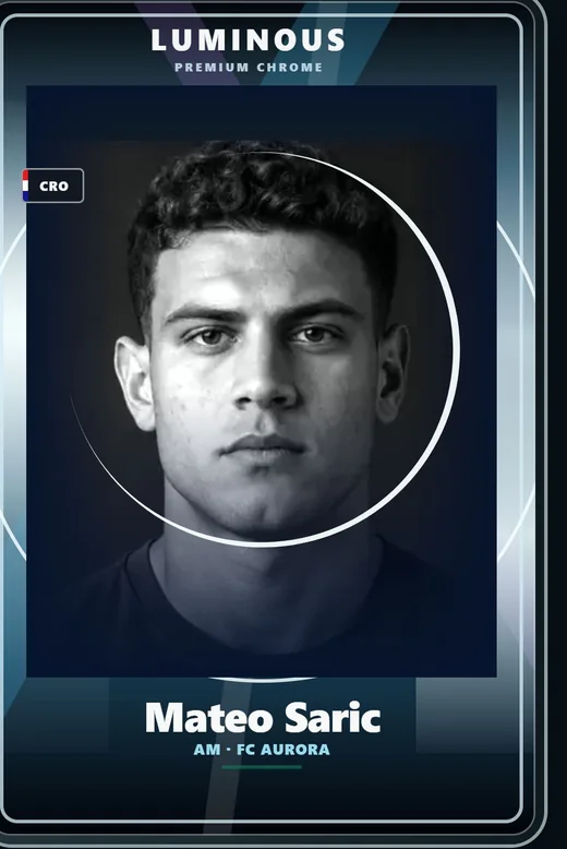 Luminous chrome card of Mateo Saric, attacking midfielder for FC Aurora.