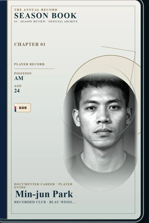 Season Book annual record card of Min-jun Park, attacking midfielder.